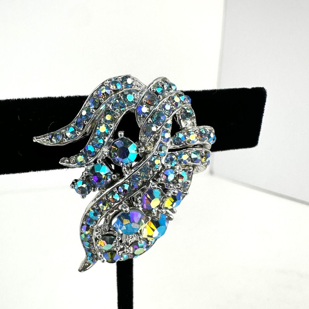 Vintage Silver Tone Aurora Borealis Rhinestone Swirl Leaf Statement Brooch Pin